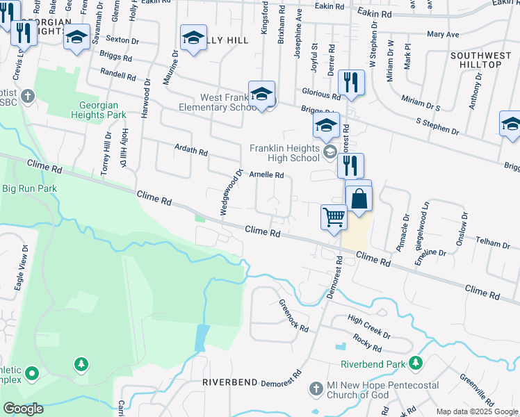 map of restaurants, bars, coffee shops, grocery stores, and more near 1150 Mccarley Drive West in Columbus
