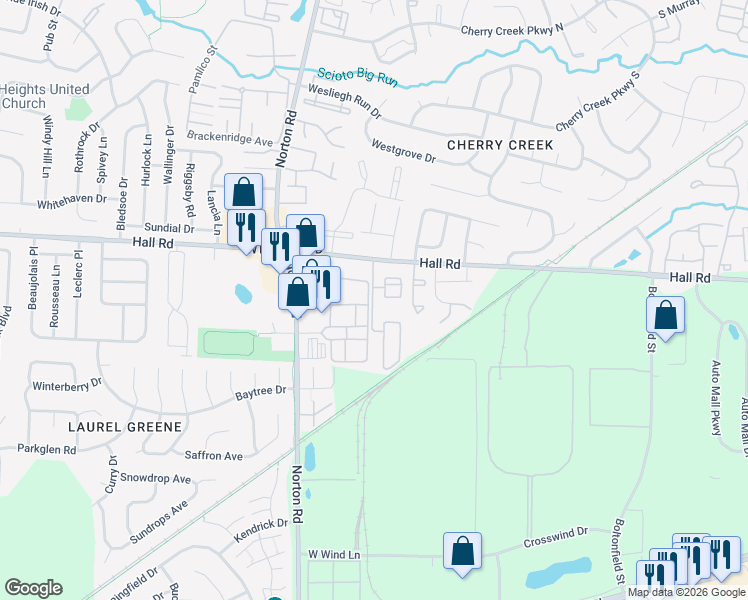 map of restaurants, bars, coffee shops, grocery stores, and more near 5440 Ashberry Village Court in Columbus