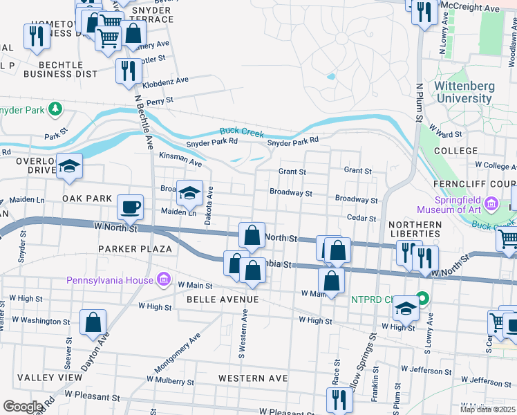 map of restaurants, bars, coffee shops, grocery stores, and more near 321 North Jackson Street in Springfield