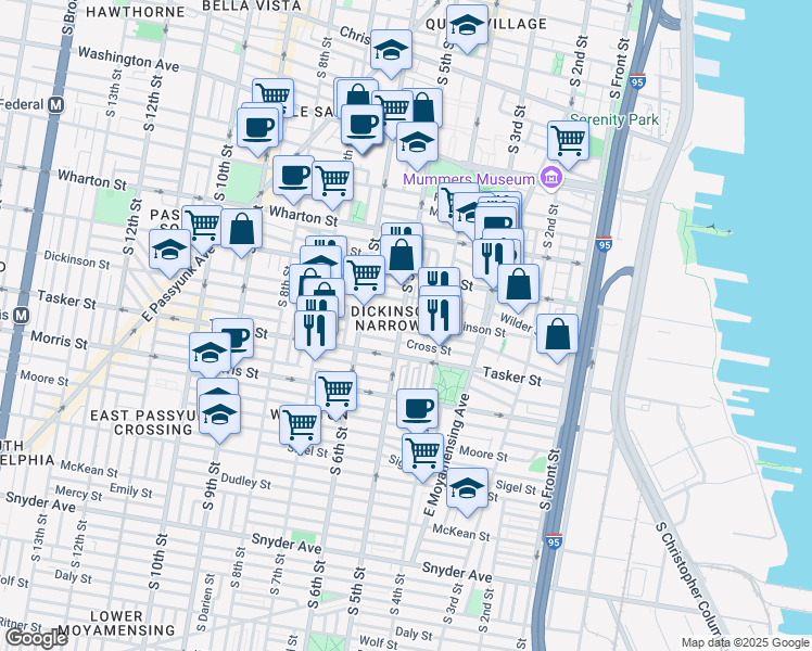 map of restaurants, bars, coffee shops, grocery stores, and more near 1509 South 5th Street in Philadelphia