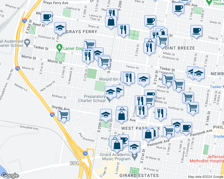 map of restaurants, bars, coffee shops, grocery stores, and more near 1835 South Taylor Street in Philadelphia