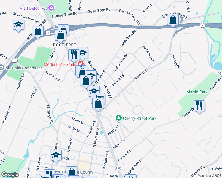 map of restaurants, bars, coffee shops, grocery stores, and more near 107 Summit Road in Media