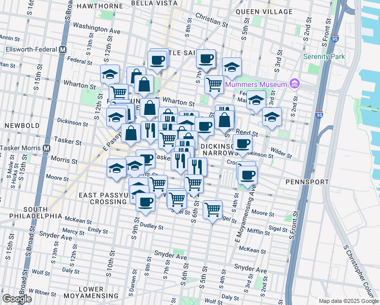 map of restaurants, bars, coffee shops, grocery stores, and more near 637 Cross Street in Philadelphia