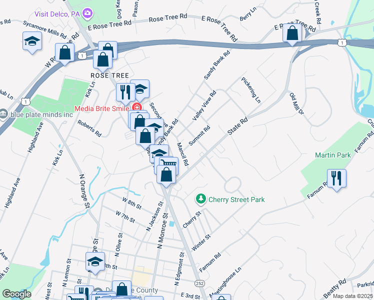 map of restaurants, bars, coffee shops, grocery stores, and more near 107 Summit Road in Media