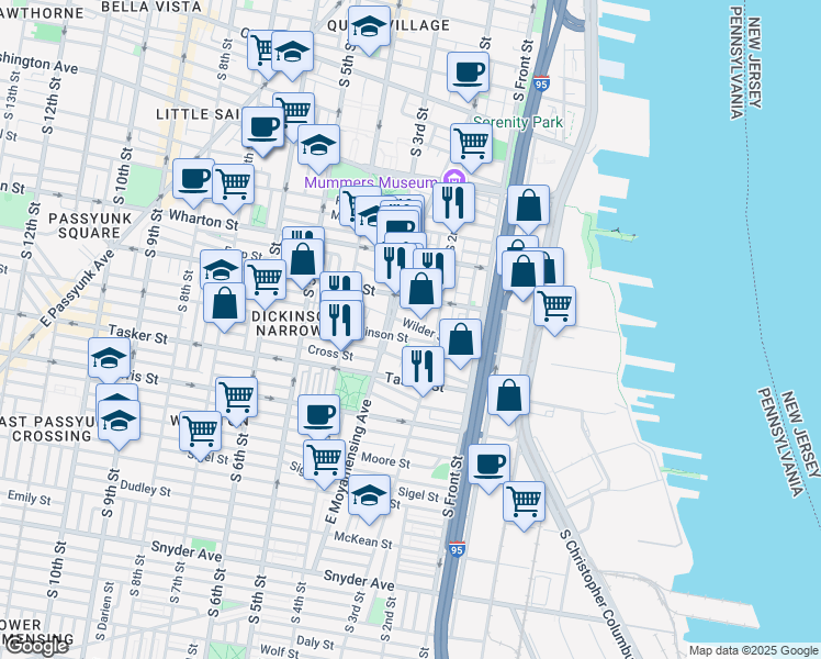 map of restaurants, bars, coffee shops, grocery stores, and more near 228 Wilder Street in Philadelphia