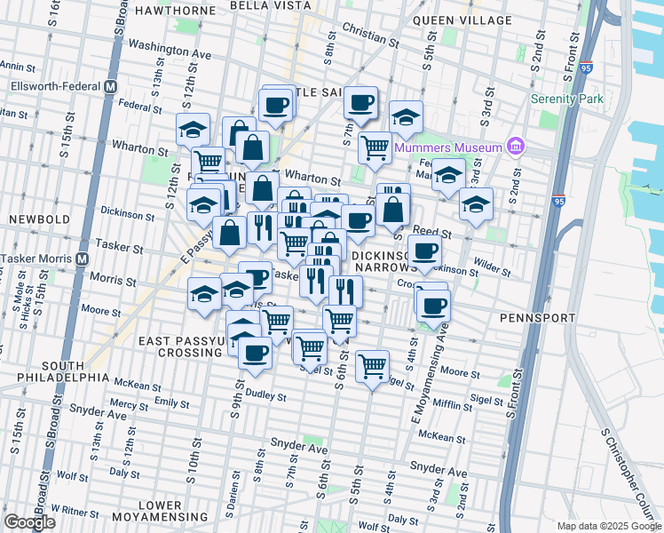 map of restaurants, bars, coffee shops, grocery stores, and more near 637 Cross Street in Philadelphia