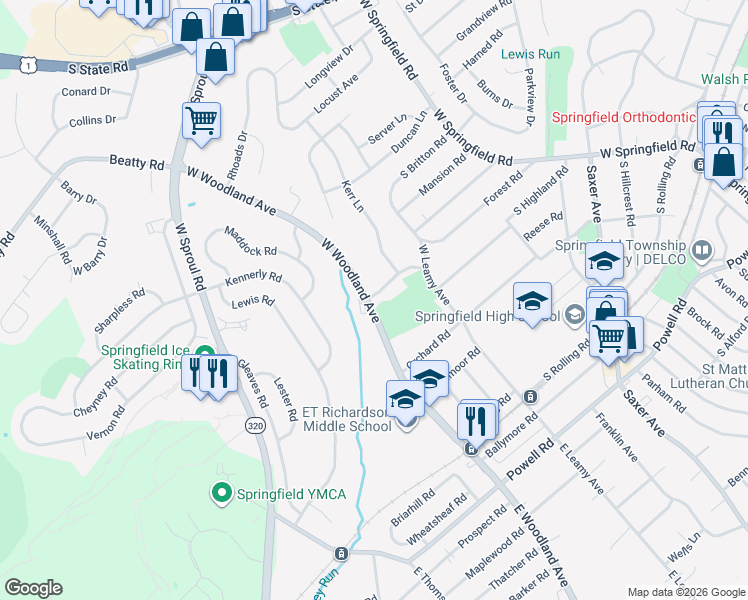map of restaurants, bars, coffee shops, grocery stores, and more near 350 Spring Valley Road in Springfield