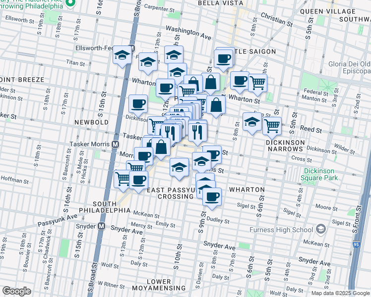 map of restaurants, bars, coffee shops, grocery stores, and more near 1024 Tasker Street in Philadelphia