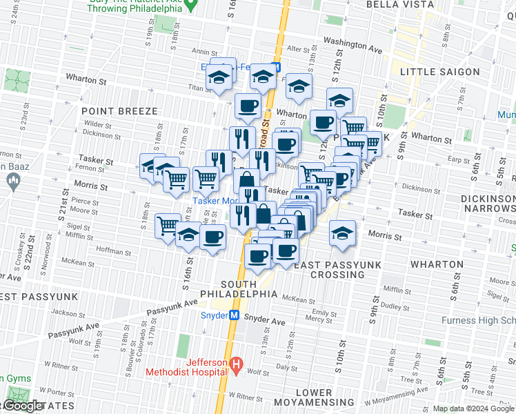 map of restaurants, bars, coffee shops, grocery stores, and more near 1635 South Broad Street in Philadelphia