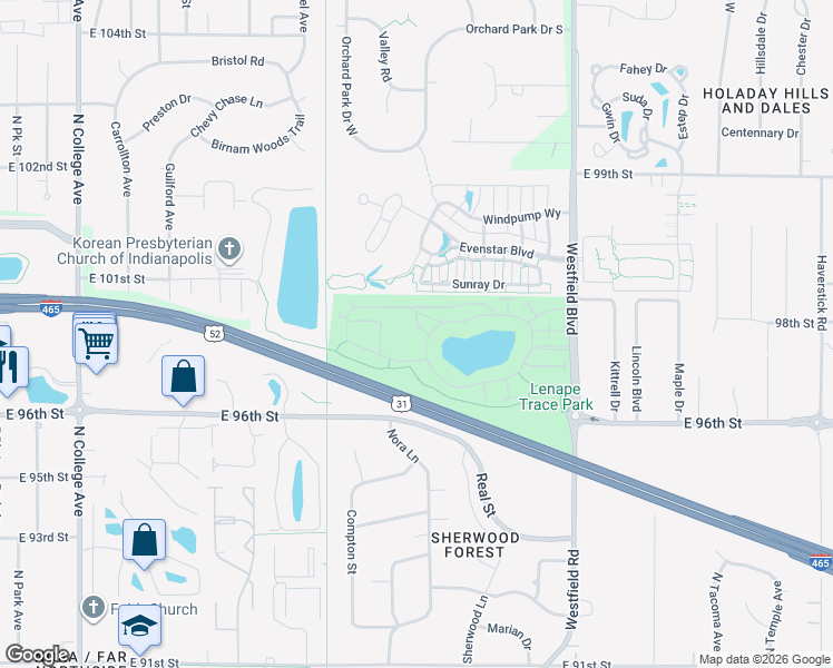 map of restaurants, bars, coffee shops, grocery stores, and more near 9710 Rialto Trail in Indianapolis