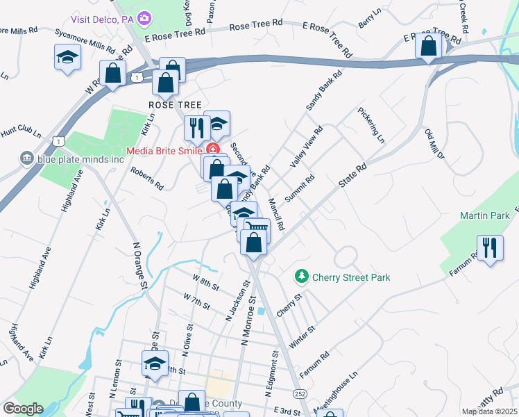 map of restaurants, bars, coffee shops, grocery stores, and more near 69 Greenhill Road in Media