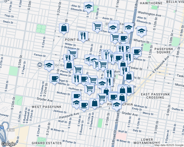 map of restaurants, bars, coffee shops, grocery stores, and more near 1726 Watkins Street in Philadelphia