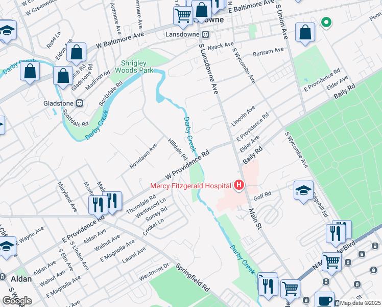 map of restaurants, bars, coffee shops, grocery stores, and more near 785 West Providence Road in Lansdowne