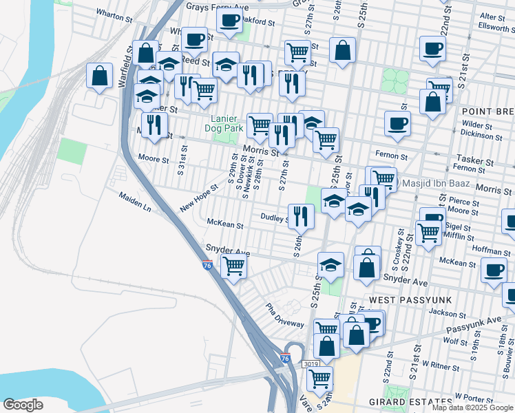 map of restaurants, bars, coffee shops, grocery stores, and more near 2740 Mifflin Street in Philadelphia
