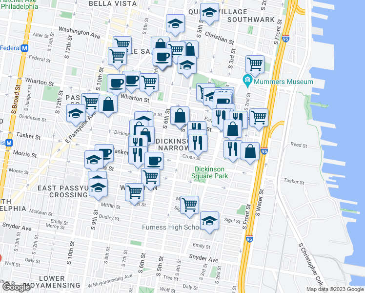 map of restaurants, bars, coffee shops, grocery stores, and more near 1507 South 5th Street in Philadelphia