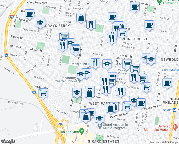 map of restaurants, bars, coffee shops, grocery stores, and more near 2342 McClellan Street in Philadelphia