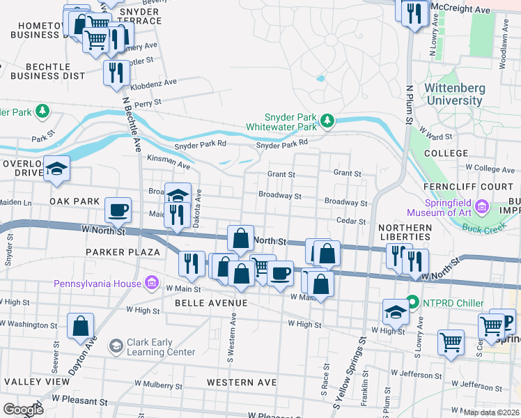 map of restaurants, bars, coffee shops, grocery stores, and more near 321 North Jackson Street in Springfield