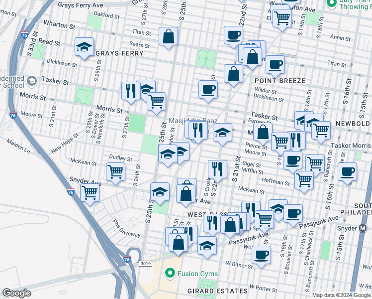 map of restaurants, bars, coffee shops, grocery stores, and more near 2342 McClellan Street in Philadelphia