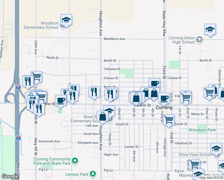 map of restaurants, bars, coffee shops, grocery stores, and more near 611 Hoag St in Corning