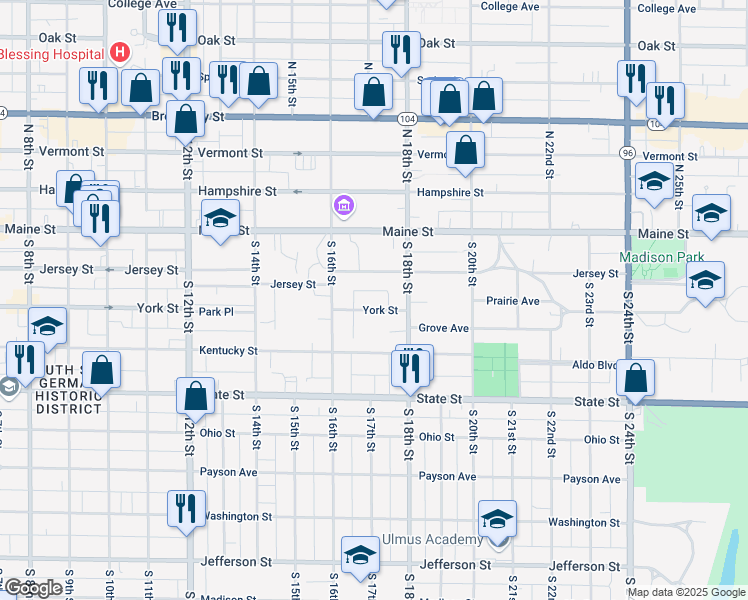 map of restaurants, bars, coffee shops, grocery stores, and more near 1628 Jersey Street in Quincy