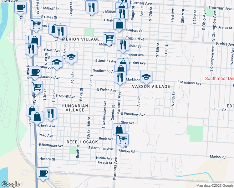 map of restaurants, bars, coffee shops, grocery stores, and more near 410 East Welch Avenue in Columbus