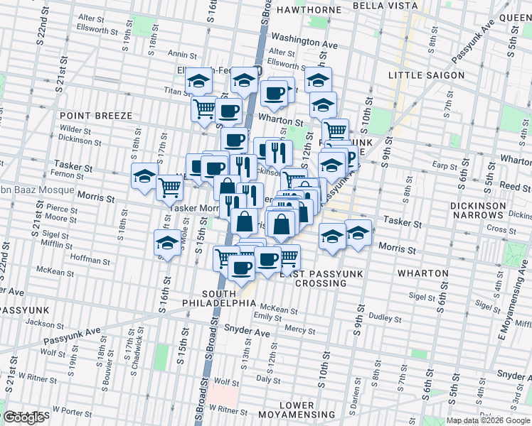 map of restaurants, bars, coffee shops, grocery stores, and more near 1606 South 13th Street in Philadelphia
