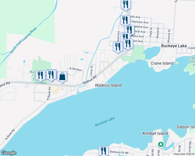 map of restaurants, bars, coffee shops, grocery stores, and more near 5000 Walnut Road in Buckeye Lake