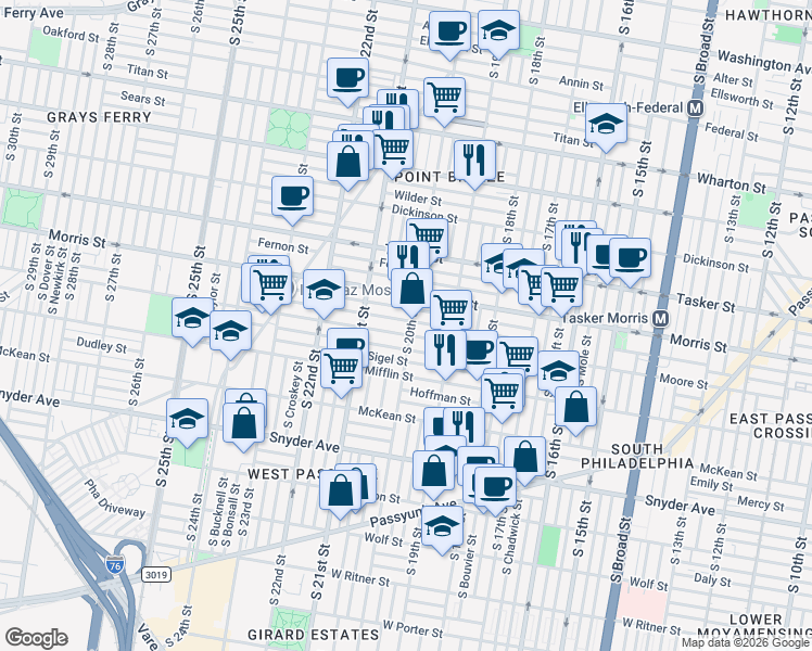 map of restaurants, bars, coffee shops, grocery stores, and more near 1714 South 20th Street in Philadelphia