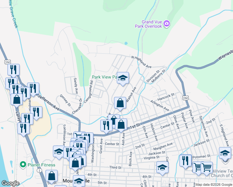 map of restaurants, bars, coffee shops, grocery stores, and more near 30 Linden Ave in Moundsville
