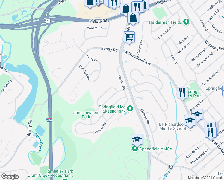 map of restaurants, bars, coffee shops, grocery stores, and more near 510 Sharpless Road in Springfield