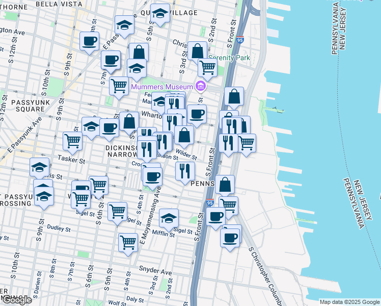 map of restaurants, bars, coffee shops, grocery stores, and more near 1432 South 2nd Street in Philadelphia
