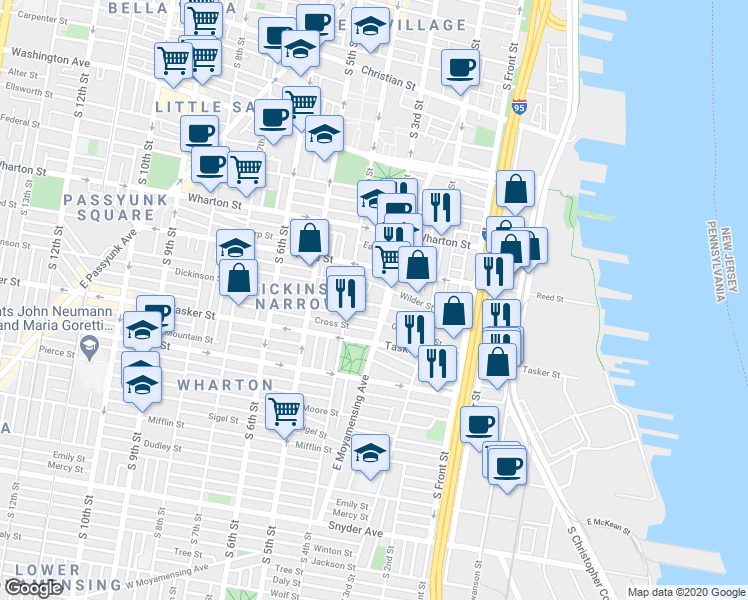 map of restaurants, bars, coffee shops, grocery stores, and more near 317 Dickinson Street in Philadelphia
