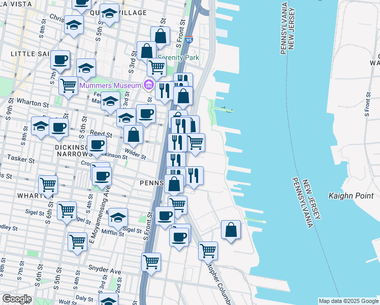 map of restaurants, bars, coffee shops, grocery stores, and more near 1413 South Christopher Columbus Boulevard in Philadelphia