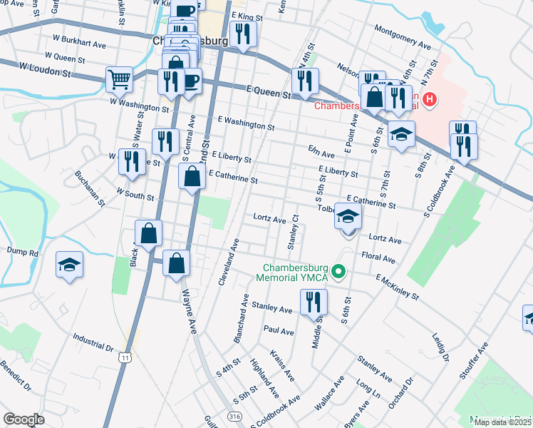 map of restaurants, bars, coffee shops, grocery stores, and more near 373 Lortz Avenue in Chambersburg