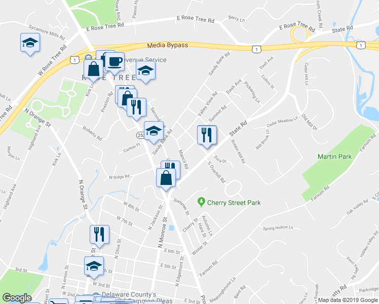 map of restaurants, bars, coffee shops, grocery stores, and more near 111 Summit Road in Media
