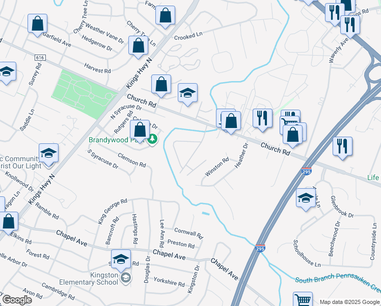 map of restaurants, bars, coffee shops, grocery stores, and more near 20 Church Road in Maple Shade