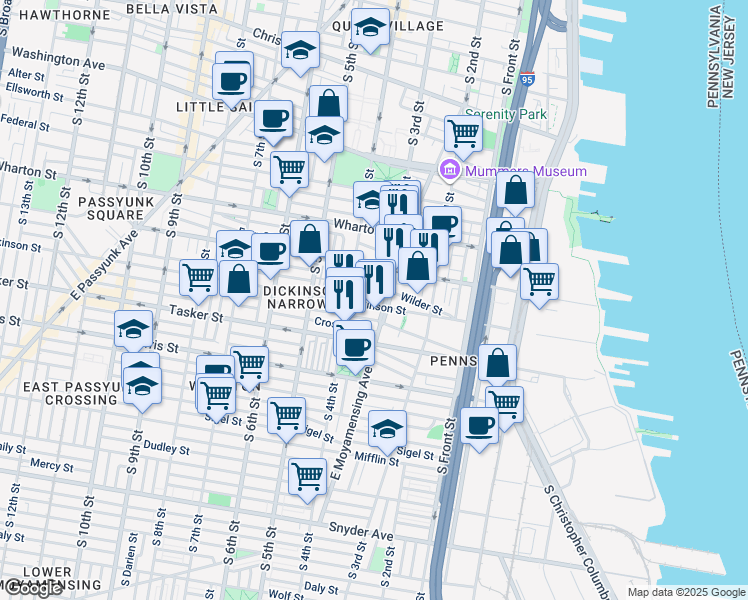 map of restaurants, bars, coffee shops, grocery stores, and more near 317 Dickinson Street in Philadelphia