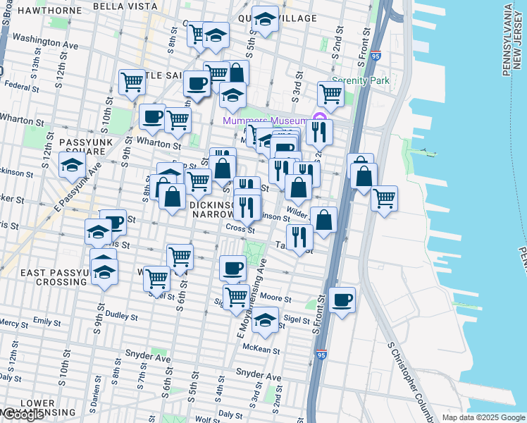 map of restaurants, bars, coffee shops, grocery stores, and more near 1429 South 4th Street in Philadelphia