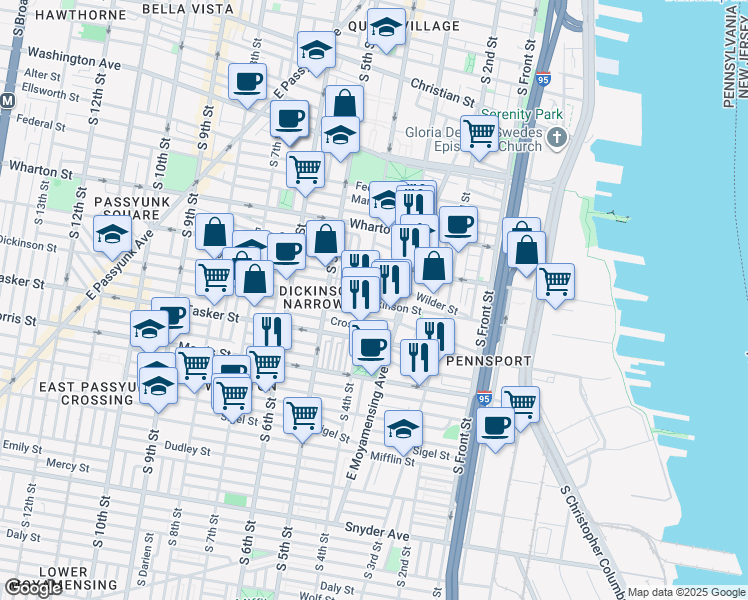 map of restaurants, bars, coffee shops, grocery stores, and more near 1429 South 4th Street in Philadelphia