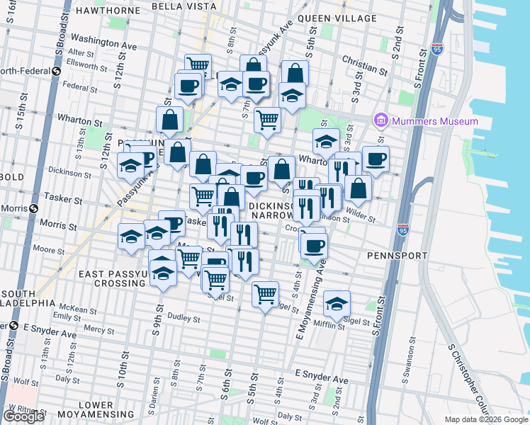 map of restaurants, bars, coffee shops, grocery stores, and more near in Philadelphia