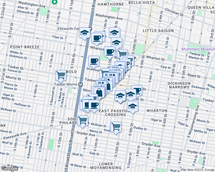 map of restaurants, bars, coffee shops, grocery stores, and more near 1600 South 12th Street in Philadelphia