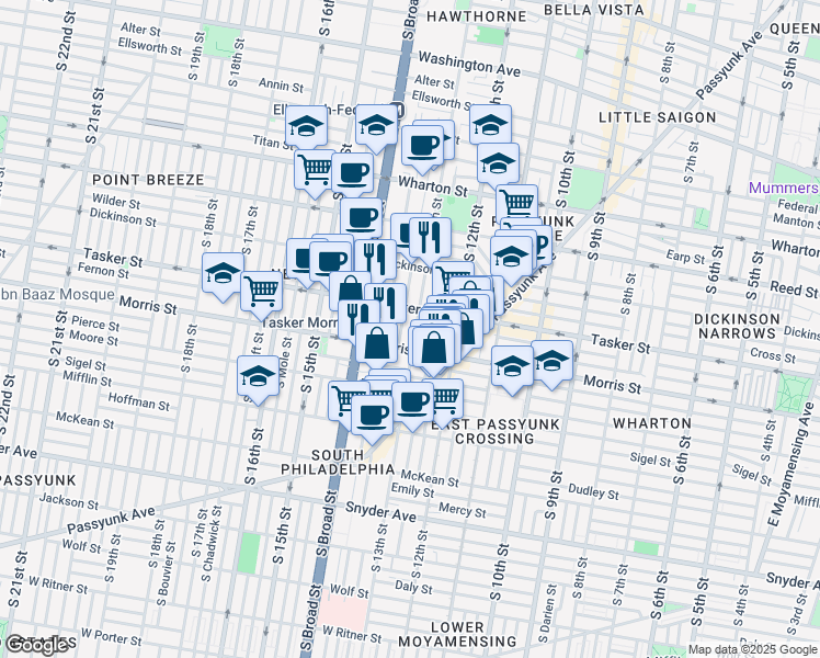 map of restaurants, bars, coffee shops, grocery stores, and more near 1606 South 13th Street in Philadelphia