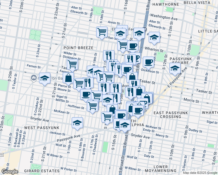 map of restaurants, bars, coffee shops, grocery stores, and more near 1648 South Bancroft Street in Philadelphia