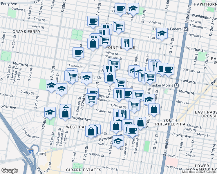 map of restaurants, bars, coffee shops, grocery stores, and more near 1714 South 20th Street in Philadelphia