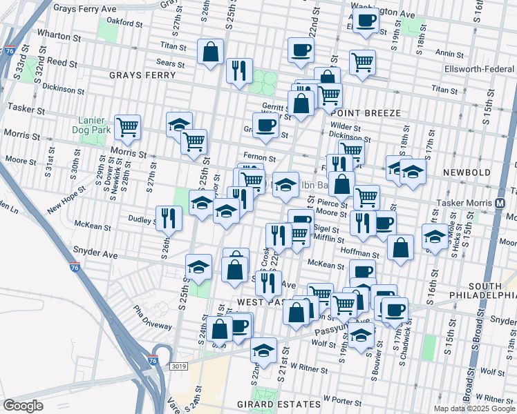 map of restaurants, bars, coffee shops, grocery stores, and more near 2235 Moore Street in Philadelphia