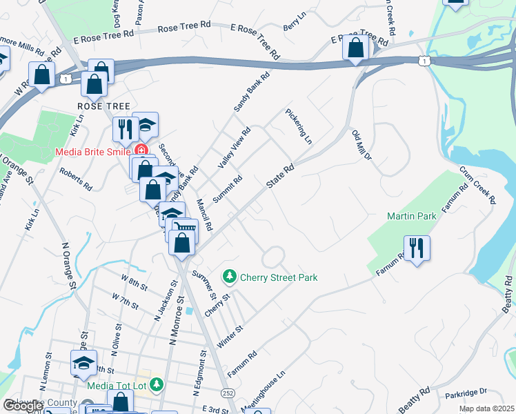 map of restaurants, bars, coffee shops, grocery stores, and more near 203 State Road in Media
