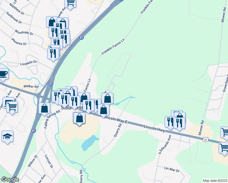 map of restaurants, bars, coffee shops, grocery stores, and more near 1017 Willowbrook Court in Chambersburg