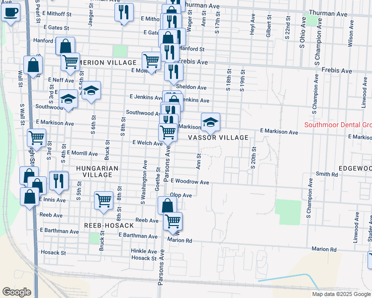 map of restaurants, bars, coffee shops, grocery stores, and more near 473 East Welch Avenue in Columbus