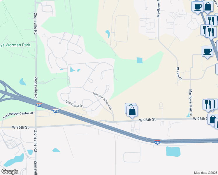 map of restaurants, bars, coffee shops, grocery stores, and more near 5300 West 96th Street in Indianapolis