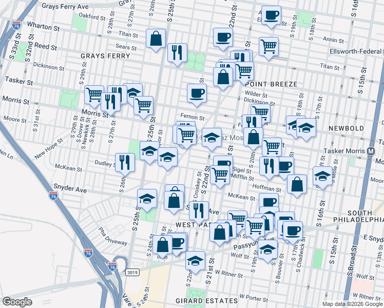 map of restaurants, bars, coffee shops, grocery stores, and more near 2235 Moore Street in Philadelphia